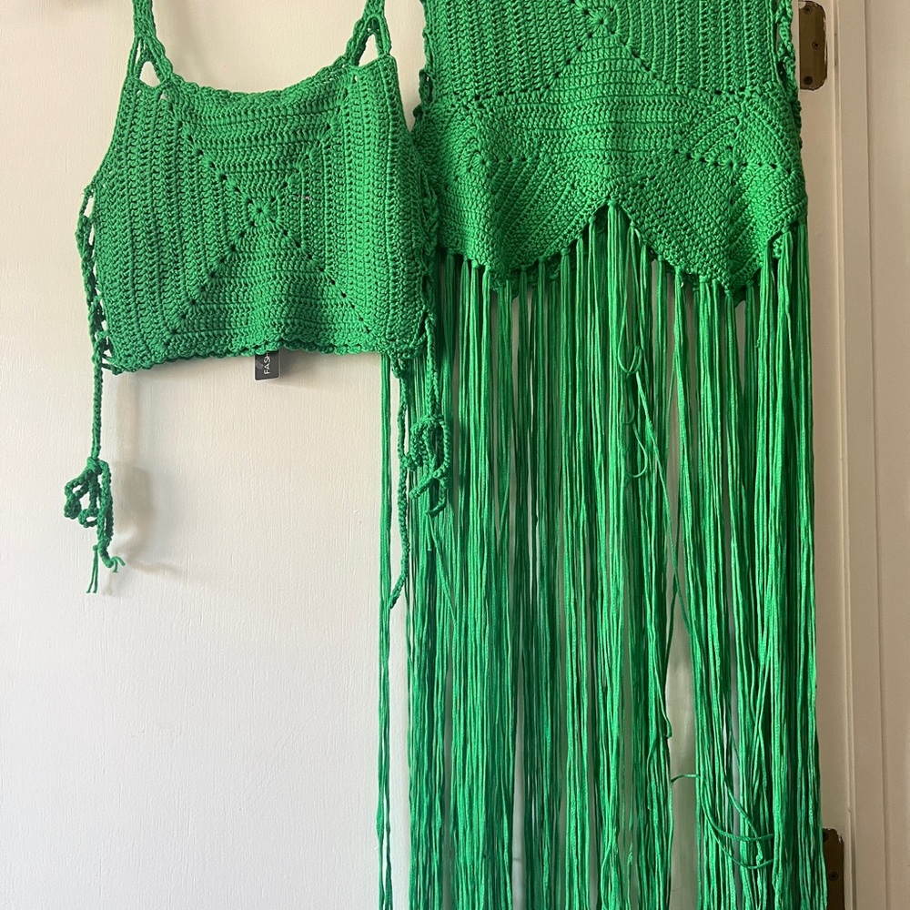 Fashion Nova Green Crochet Fringe Dress